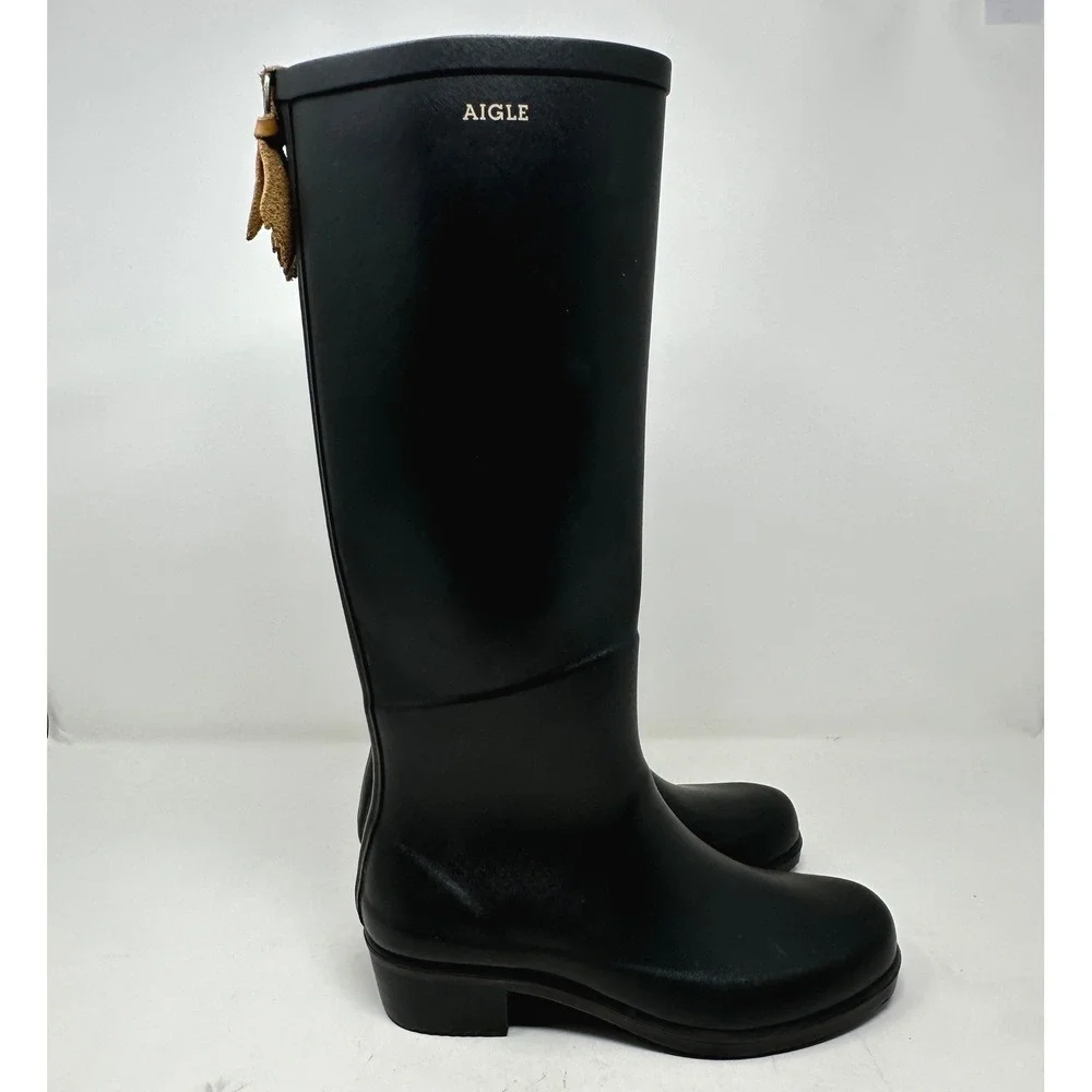 Aigle Womens Boots 37 Miss Juliette L Black Rubber Tall Rain A  Weather Classic